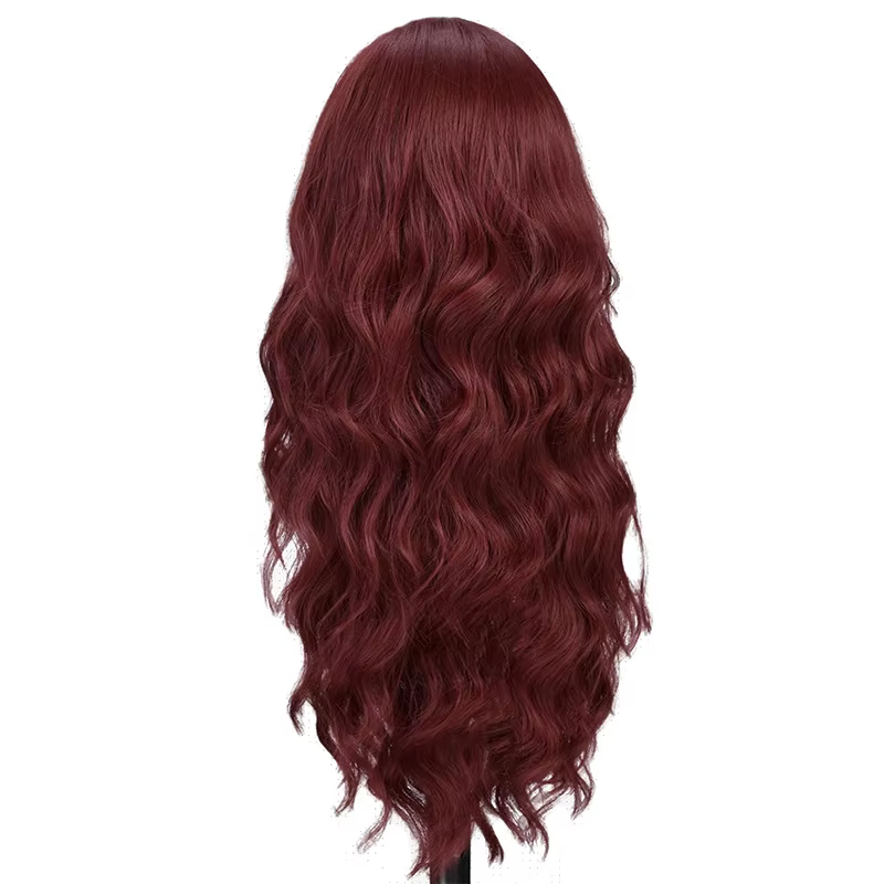 Perruque synthétique couleur vin rouge avec cheveux longs bouclés, tête de perruque complète, fête,
