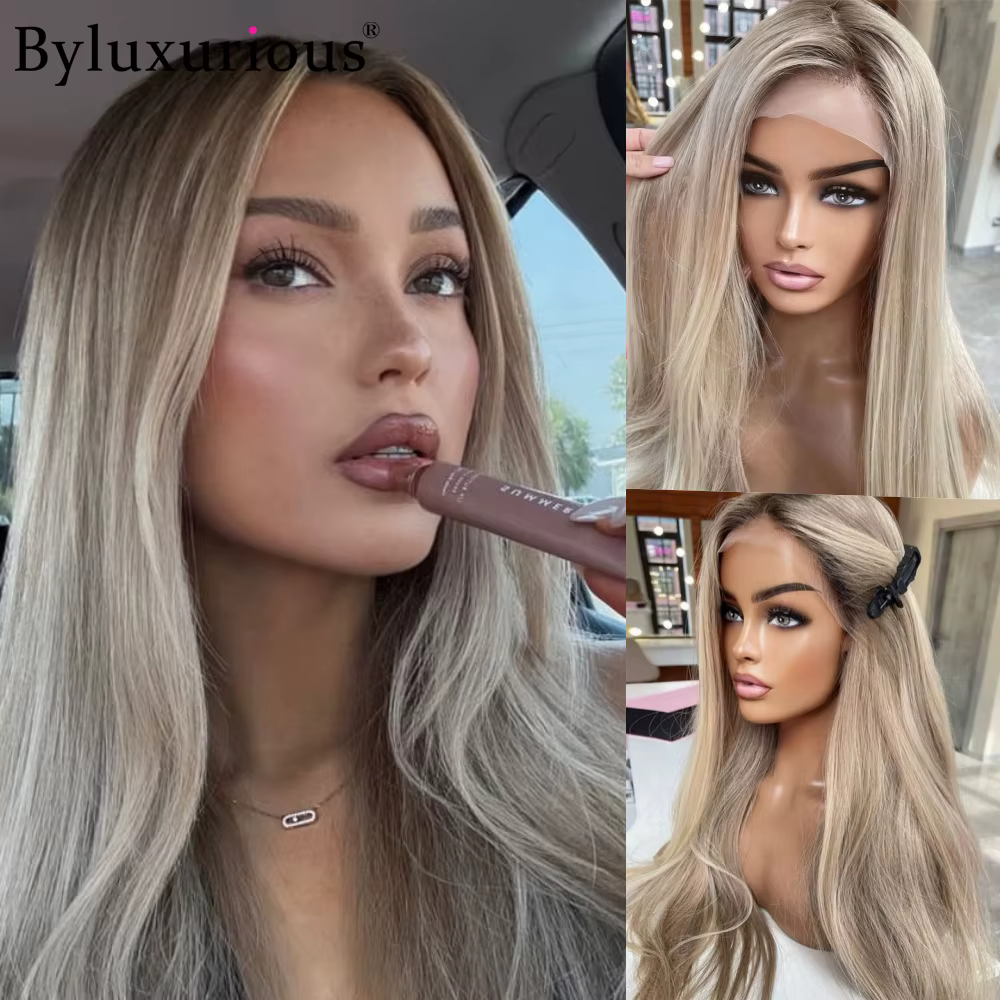 Byluxurious mettre en évidence cendré Mica gris droite 100% perruque de cheveux humains 13x 6/5x5 sa