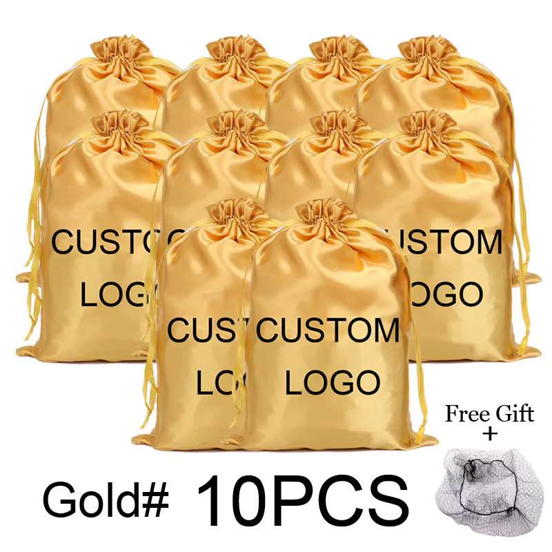 Sac en Satin pour Perruque, 10 Pièces, Emballage en Gros, Sacs d'Extensions, Logo Personnalisé, Poud