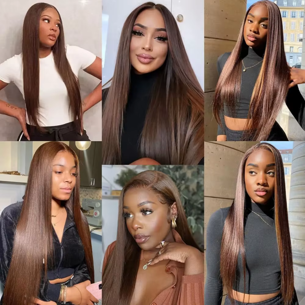 # Perruque brune chocolat 4 tons en cheveux humains, frontale en dentelle HD 13x6, densité 200, liss