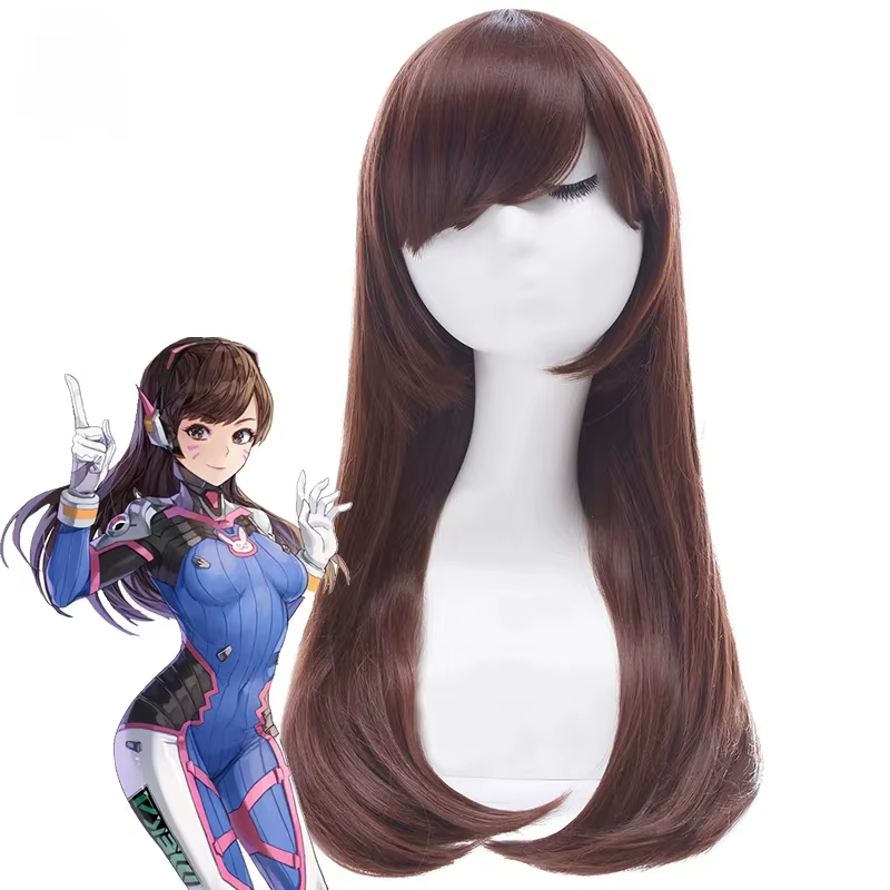 Perruque de cosplay D.Va Hana Song pour Overwatch, longue, brune, en cheveux synthétiques pour femme