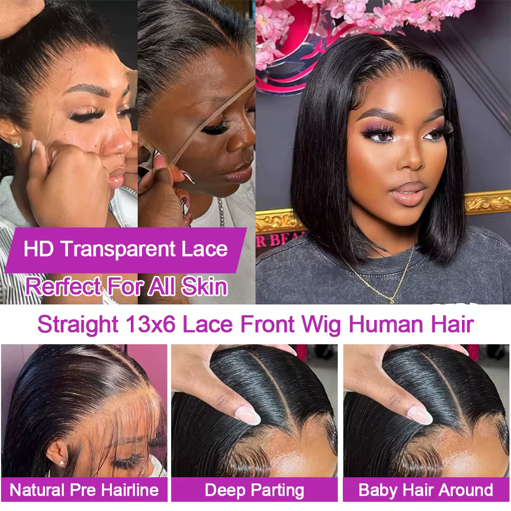 Perruques Courtes Bob en Cheveux Humains 13x6 Lisses comme des Baguettes Sans Colle HD Lace Front Wi
