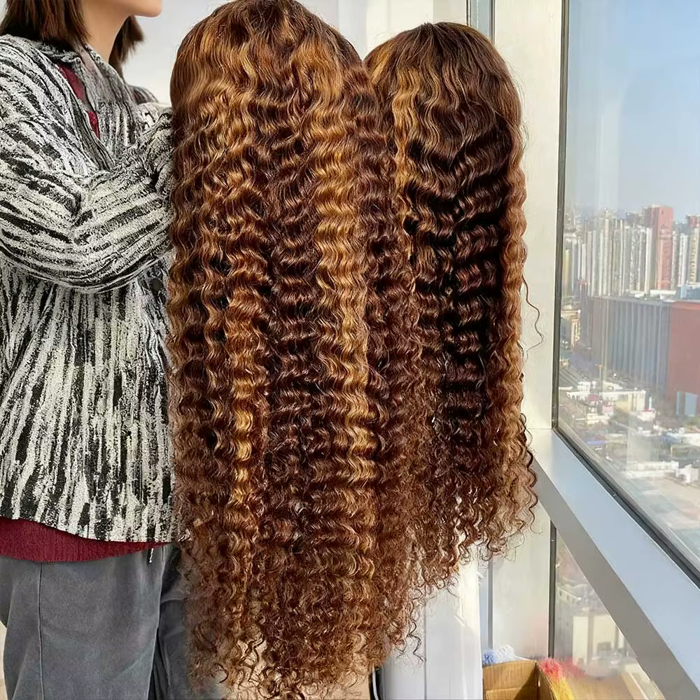 Perruque Lace Frontal Wig naturelle bouclée à reflets, cheveux humains, 13x4, sans colle, HD, Deep W