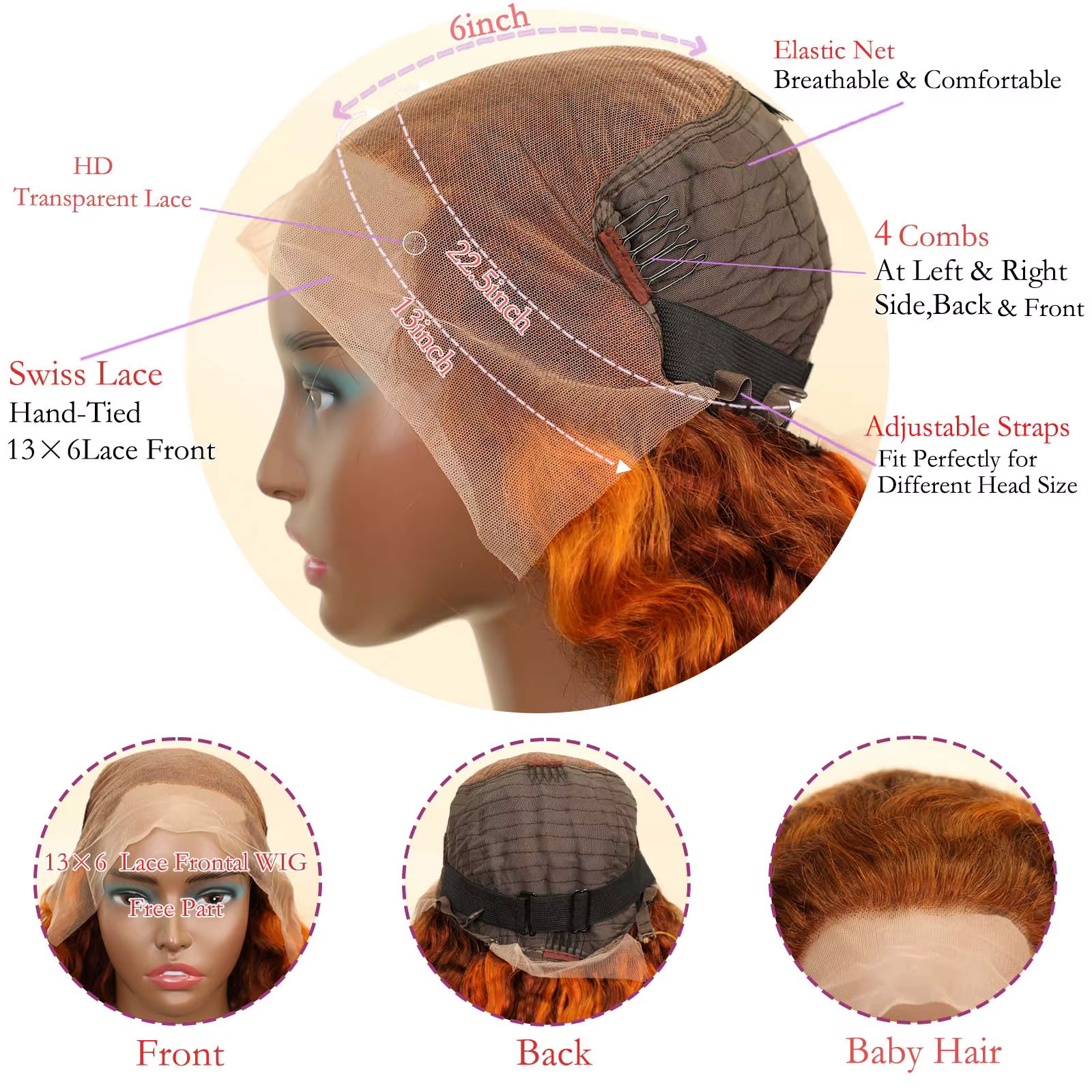 4/350 mettre en évidence vague d'eau 13x4 Transparent dentelle frontale perruque de cheveux humains