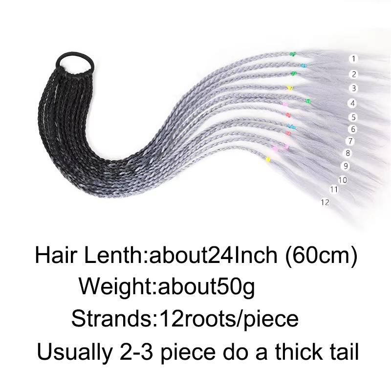 24Inch Synthetic Gradient Colored Braided Ponytail Hair Extension Elastic Rubber Band Braiding Pony