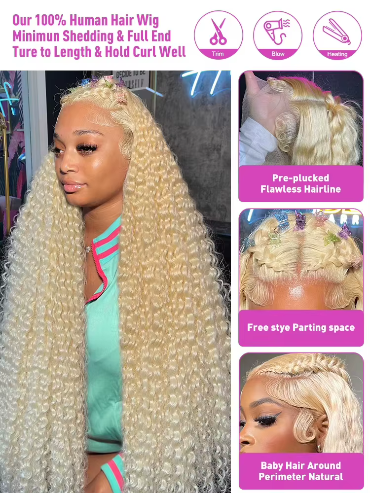 Perruques en cheveux humains blonds Jerry Curly 613 de 46 pouces, perruque sans colle en dentelle HD