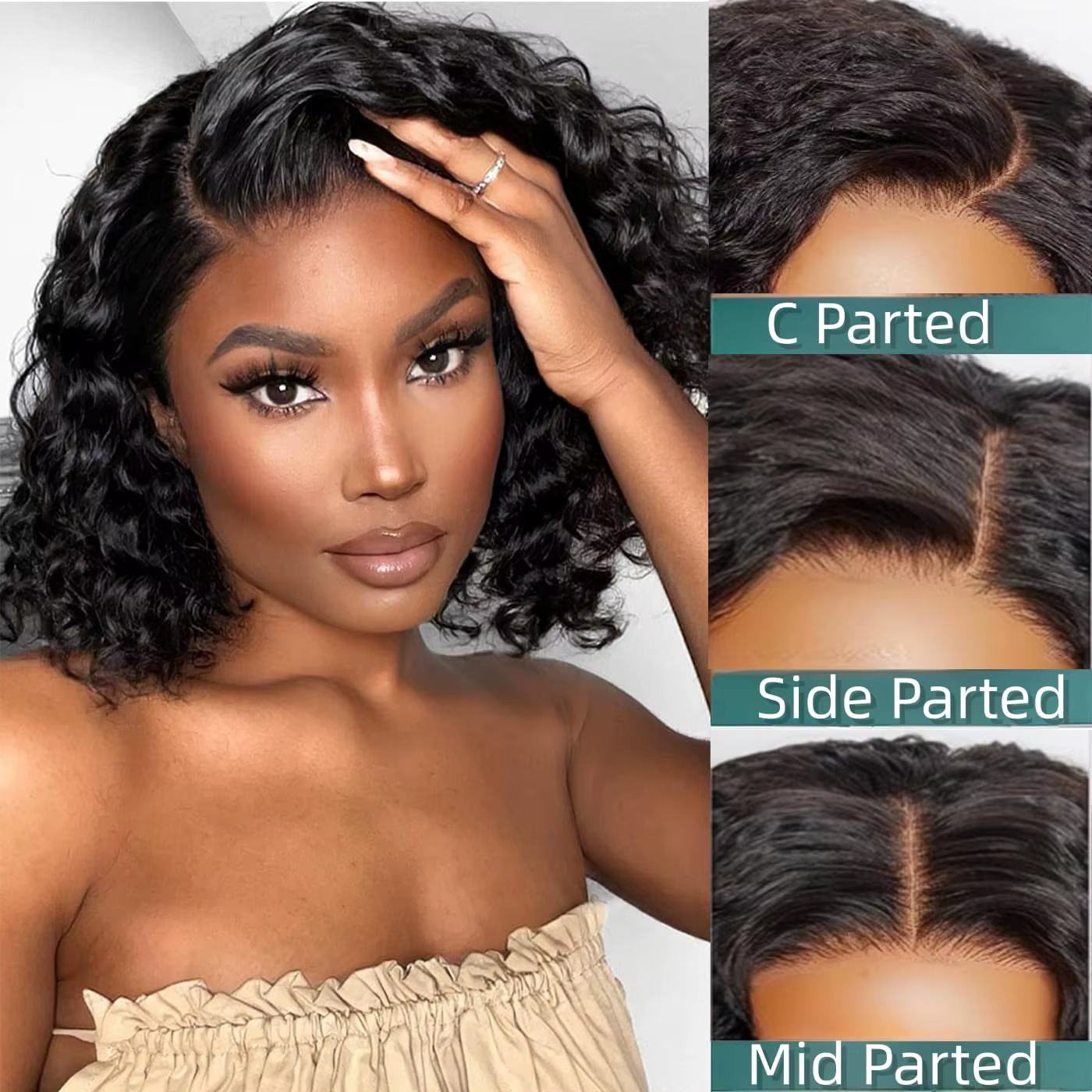 Perruque Bob Lace Front Wig Deep Wave Naturelle Bouclée, Cheveux Courts, 13x4 HD, 180% de Densité, p
