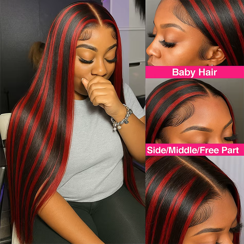 200% amélioré 1B/99J noir avec os rouge droite 5x5 mettre en évidence perruque cheveux humains brési
