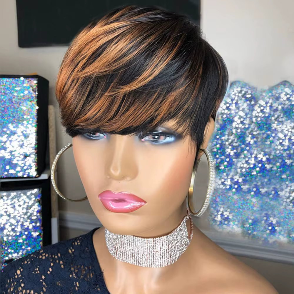 Perruque courte et droite en cheveux humains, style pixie, couleur mixte 1B/30, avec frange, pour fe