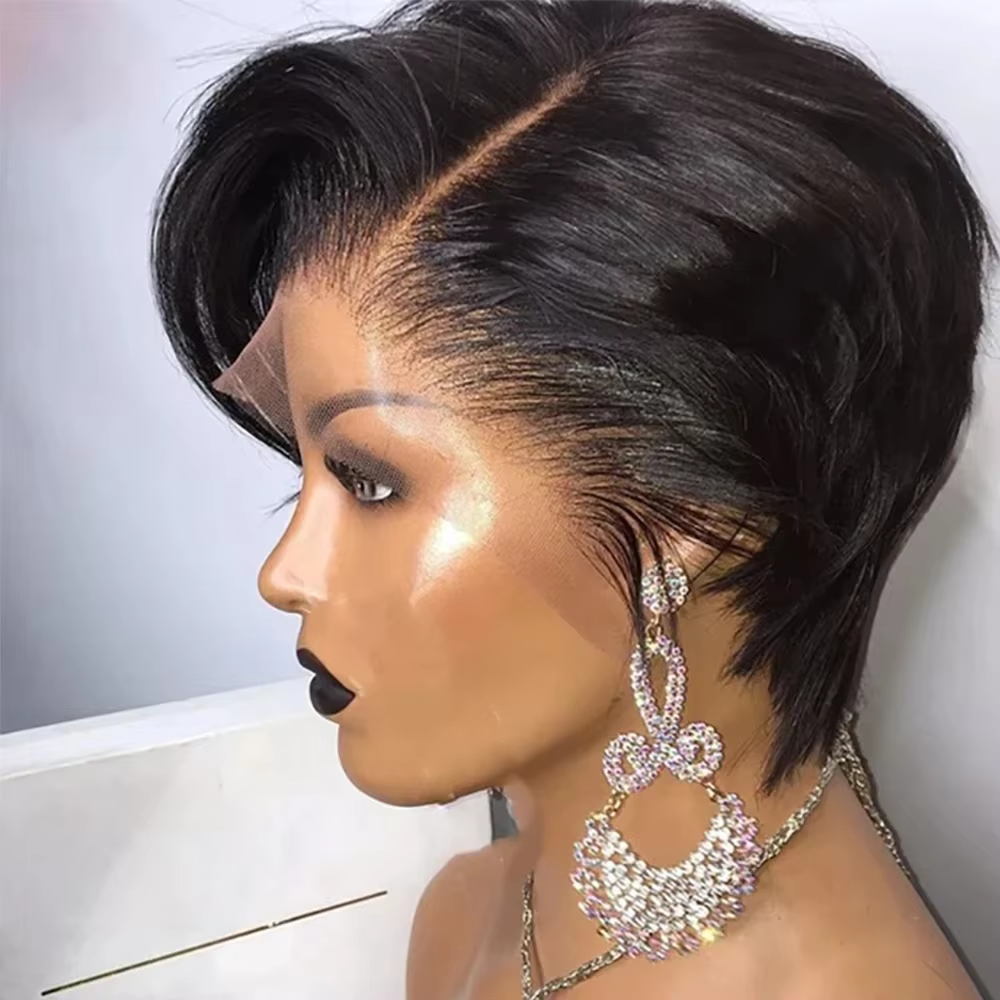 Cheveux brésiliens court Bob perruque coupe lutin perruque 13x4X1 partie latérale dentelle perruques