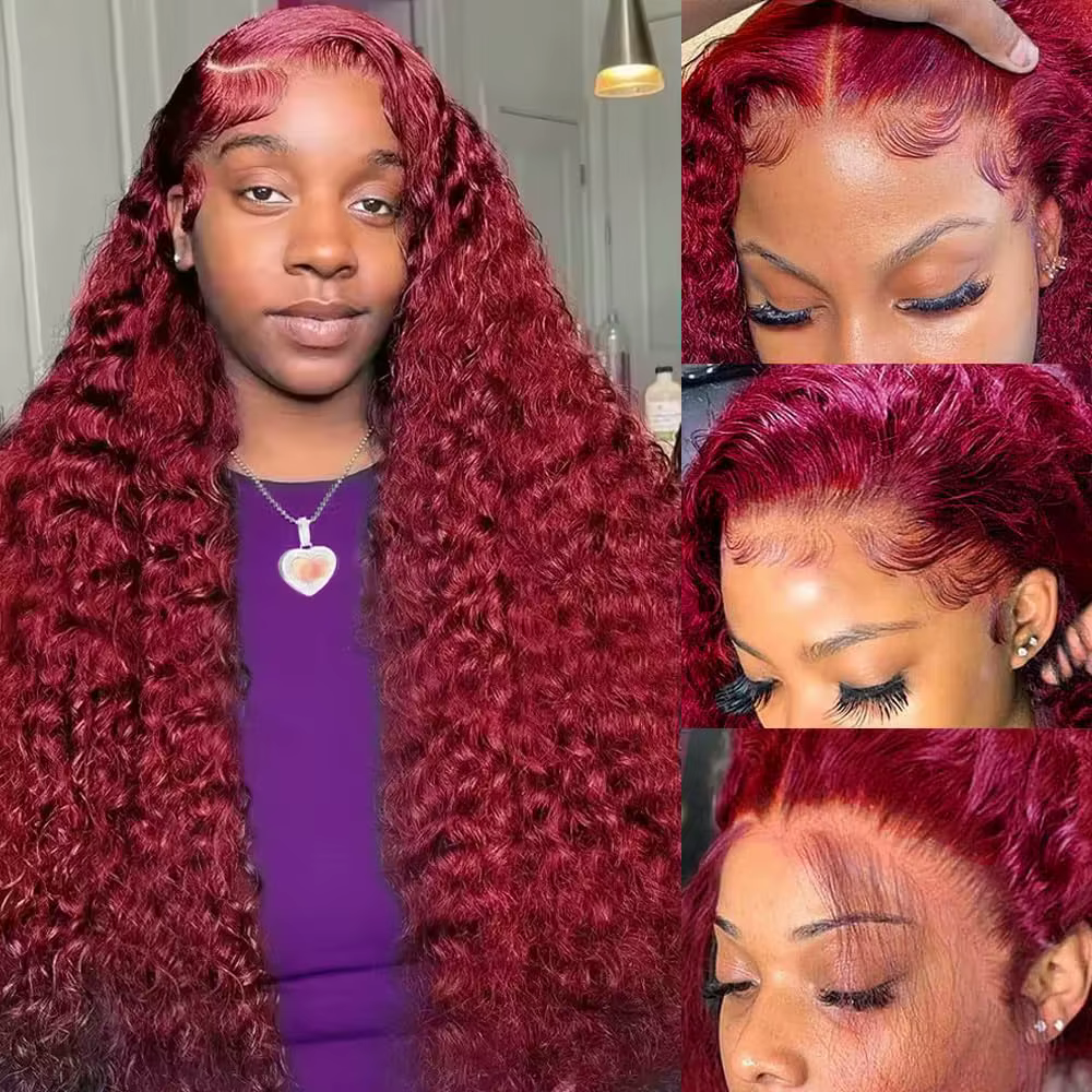Perruques Lace Frontal 13x6 Deep Curly Wave Bourgogne 99J, Densité 200, Perruque Full Lace Front HD