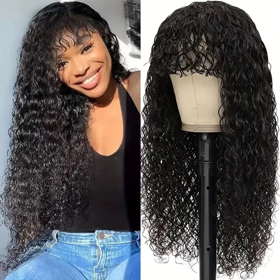 Perruque brésilienne en cheveux humains ondulés avec frange, qualité 15A, fabriquée à la machine pou