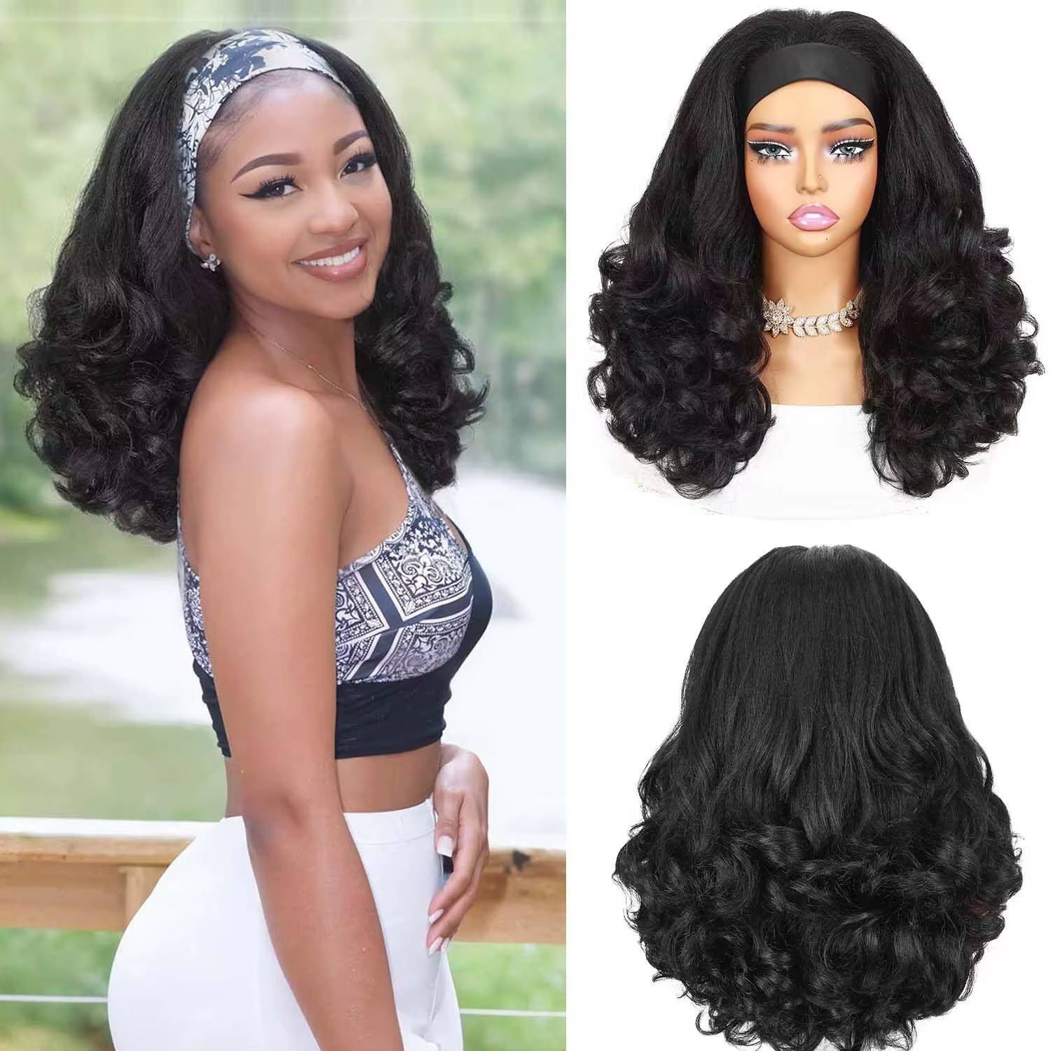 Perruques bandeau bouclées Yaki pour femmes noires - Perruque synthétique sans colle, prête à porter