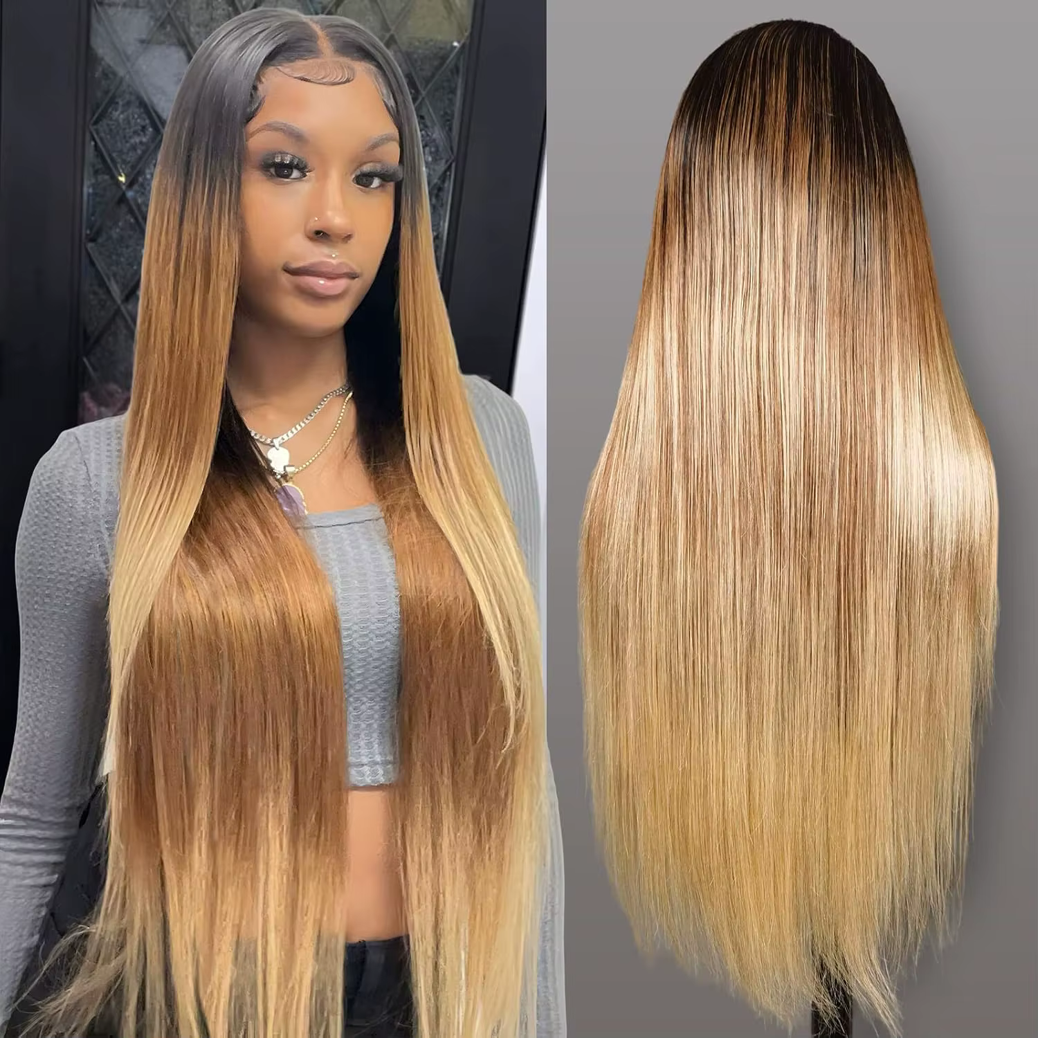 Perruque Lace Front Wig naturelle ombrée à reflets 13x6, cheveux humains, pre-plucked, OT4/30/27, co