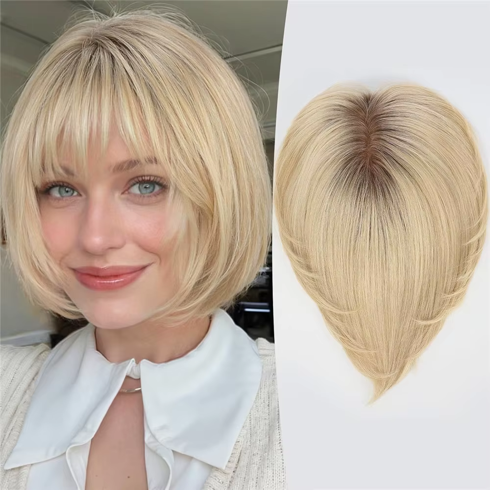 10 pouces cheveux humains Topper pour femmes 6.5x6.5 pouces Base en soie Ombre blond clair partie la