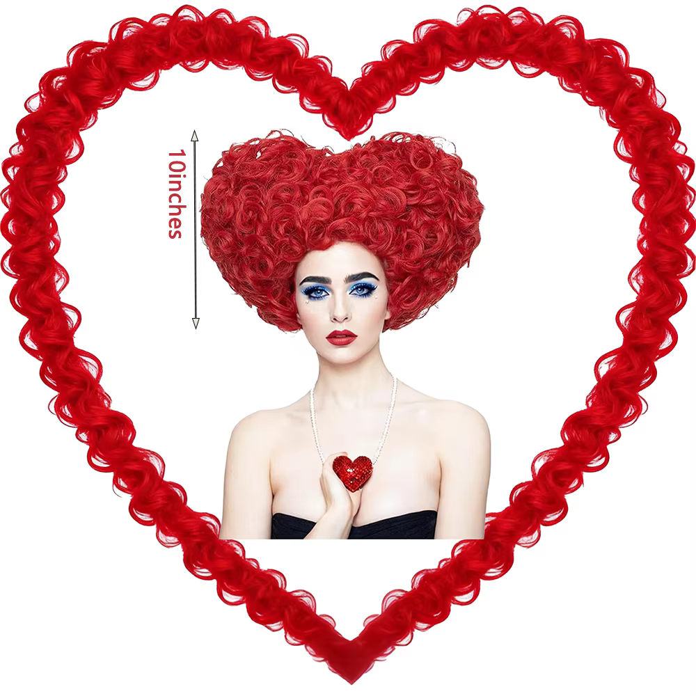 Perruque de cosplay Red Queen, reine des cœurs, perruque bouclée rouge vif en forme de cœur, cheveux