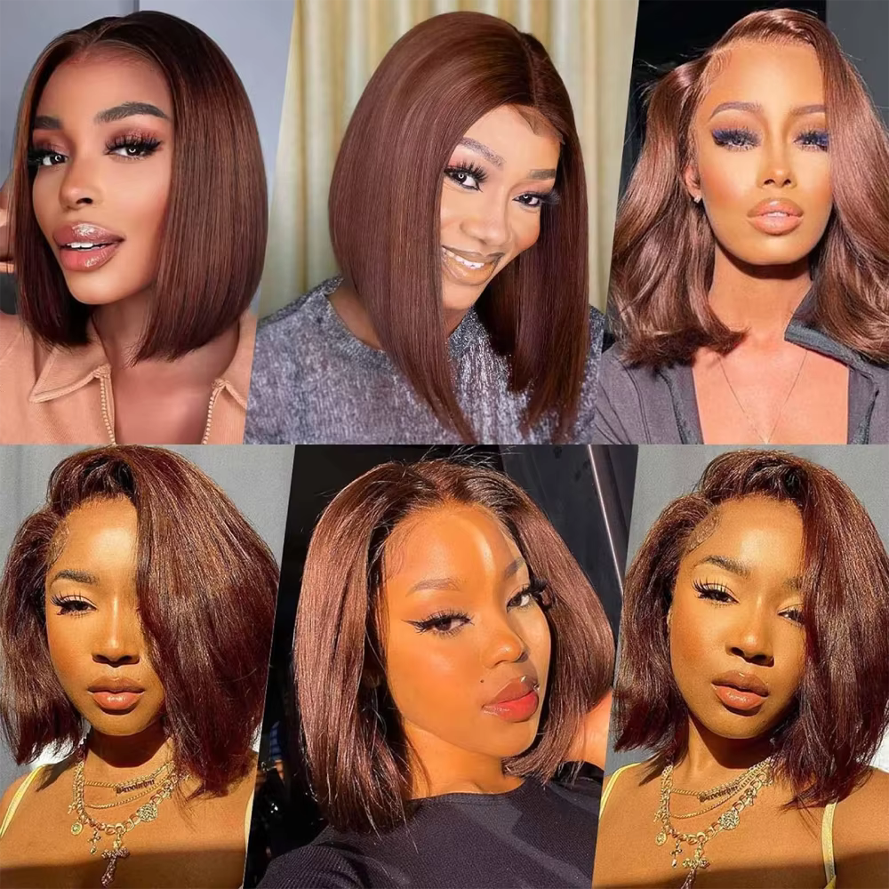 Perruques Bob Courtes Lisses Marron Chocolat 13x4 en Cheveux Humains avec Dentelle Frontale Transpar