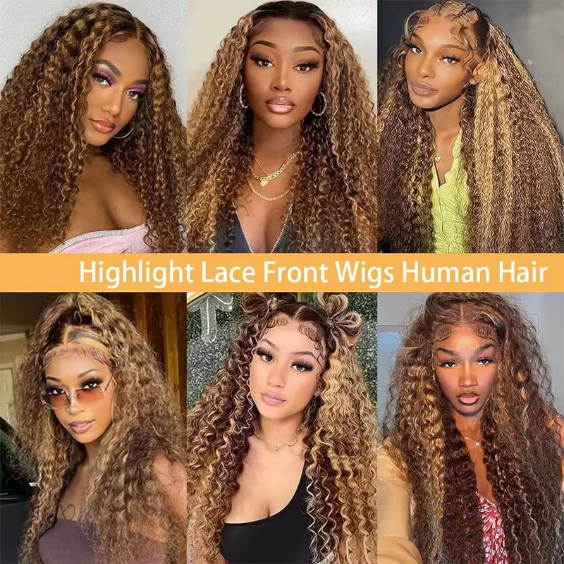 Perruque bouclée en cheveux humains blond miel, 13x4 Lace Front, Deep Wave, pré-épilée, avec dentell