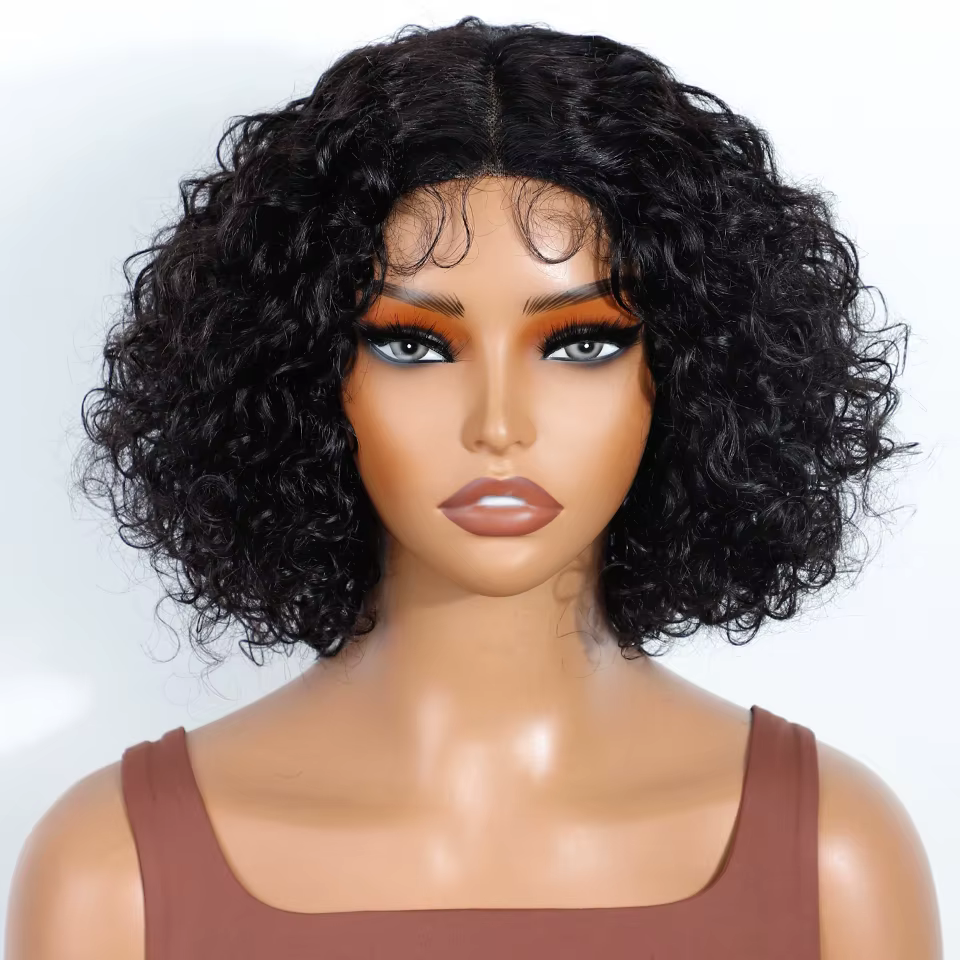 Lekker sans colle Blonde mettre en évidence court bouclés Bob partie centrale dentelle 100% perruque