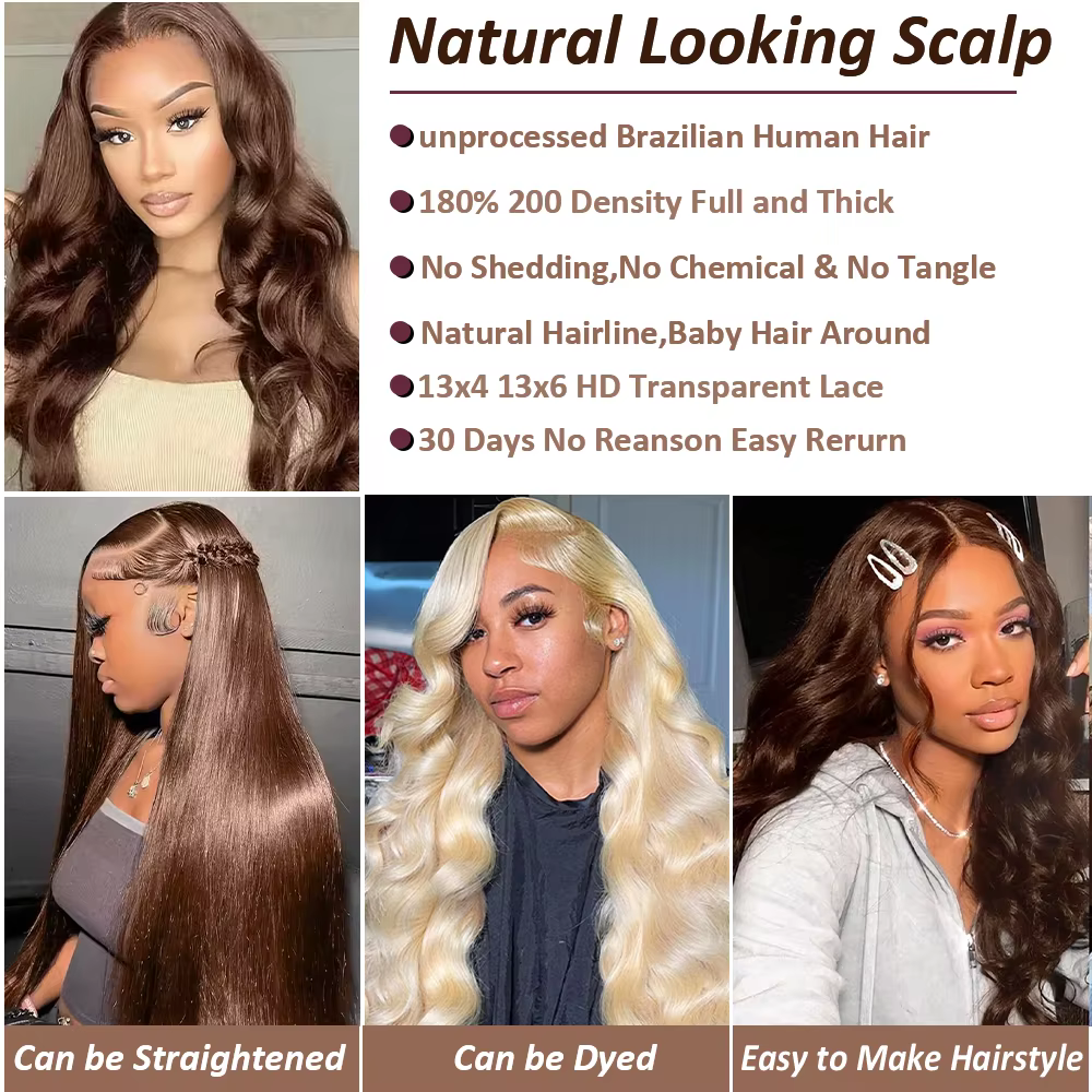 Vague de corps brun chocolat 13x6 HD dentelle avant perruques de cheveux humains 200 densité HD dent
