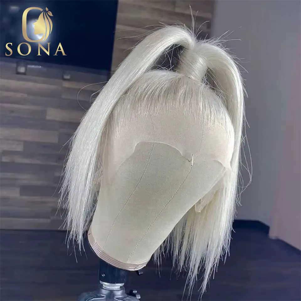 Perruque frontale en dentelle transparente 13x6 # 60 couleur blanc platine cendré blond droit Bob 13