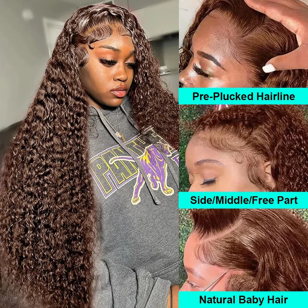 Perruques bouclées profondes cheveux humains brun chocolat 13x4 13x6 Hd dentelle frontale perruque c