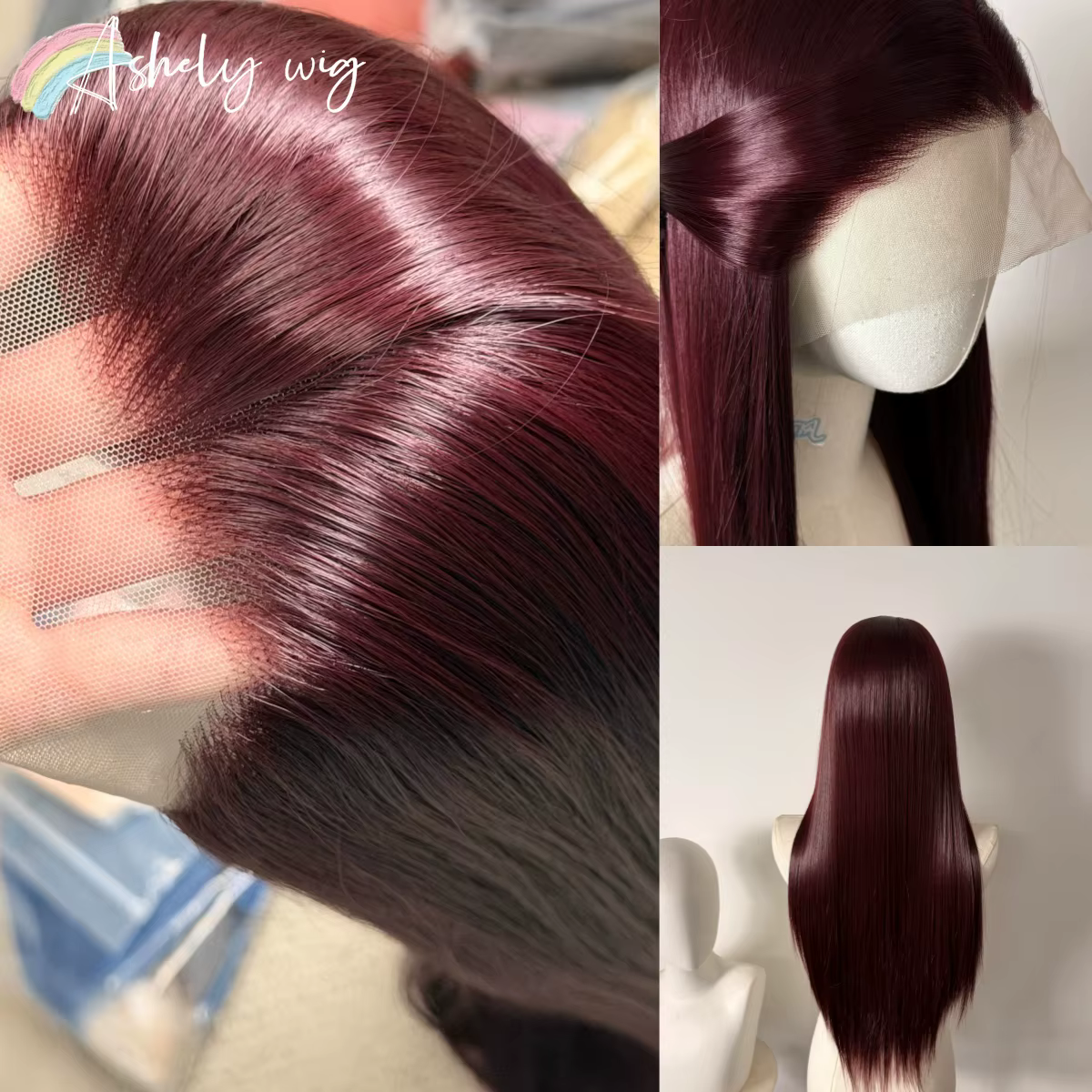 Perruque Lace Front 13*4 pour femme, 26 pouces, longue et droite, sans colle, rouge bordeaux, noire,