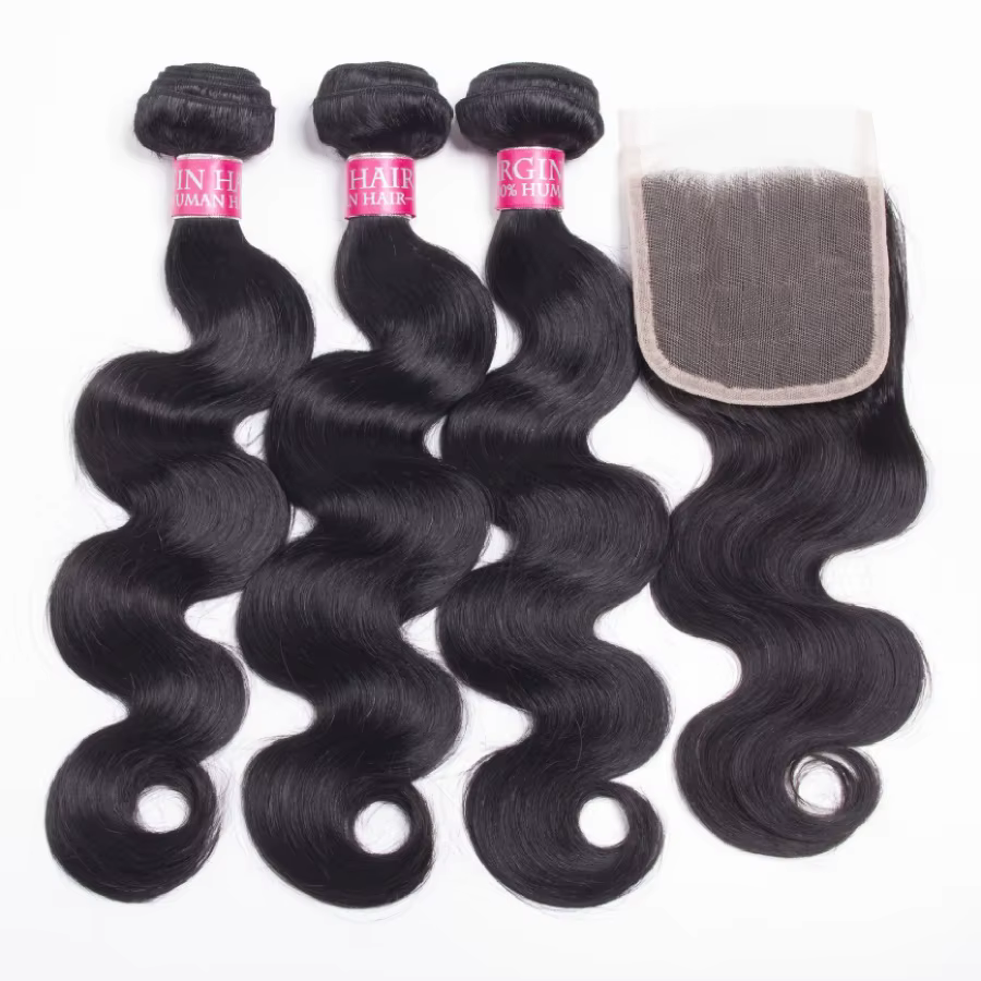 Extensions de cheveux naturels brésiliens ondulés avec closure, tissage de cheveux humains non trait