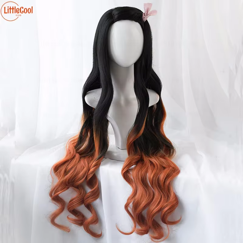 Kamado Nezuko Cosplay Perruque Synthétique, Cheveux Longs Bouclés, Noir, Orange, Marron, Dégradé Omb