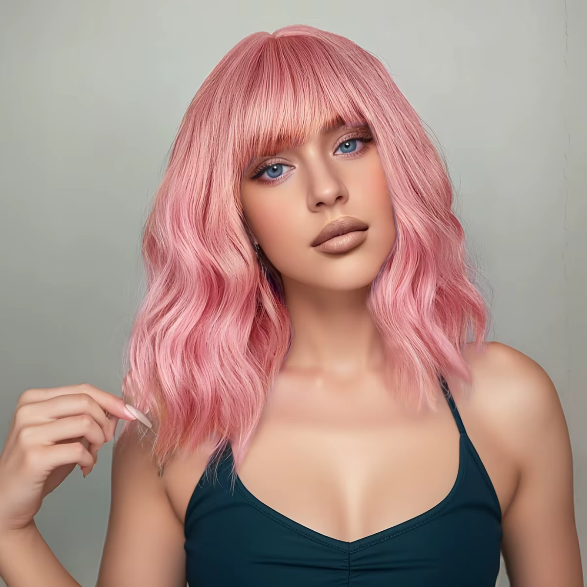 Perruques synthétiques courtes au cuir chevelu humide et ondulé, rose, 12 pouces, densité 180% (12 p