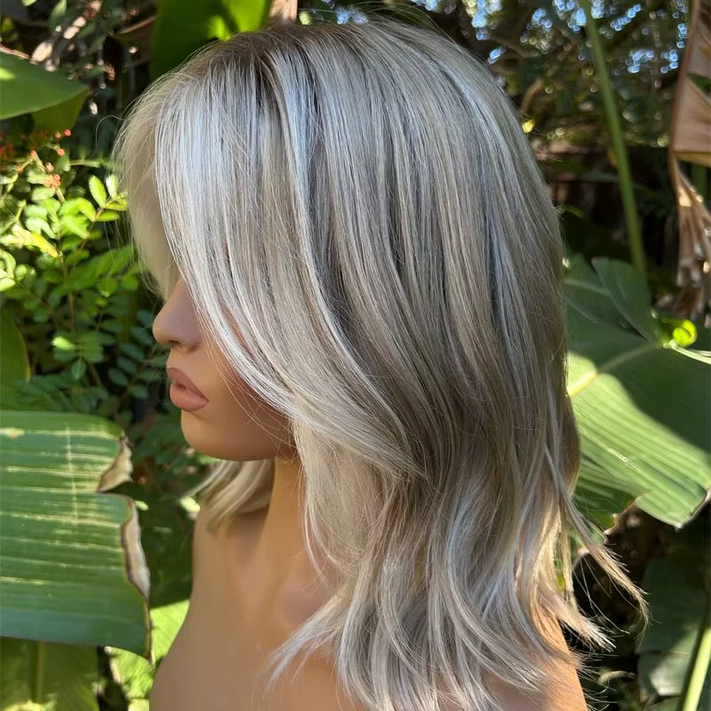 Perruque synthétique 13x4 résistante à la chaleur, ombrée gris cendré blond, avec dentelle HD, effet