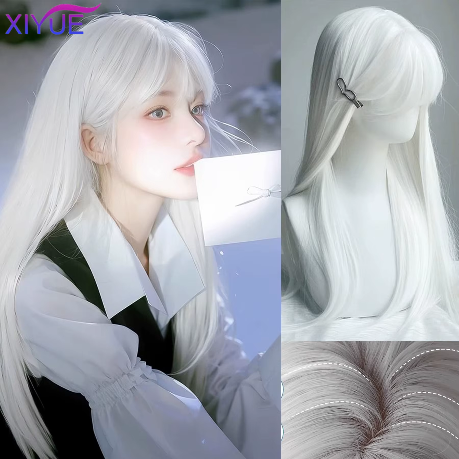 XIYUE – perruques synthétiques longues et lisses blanches pour femmes, faux cheveux colorés de fête