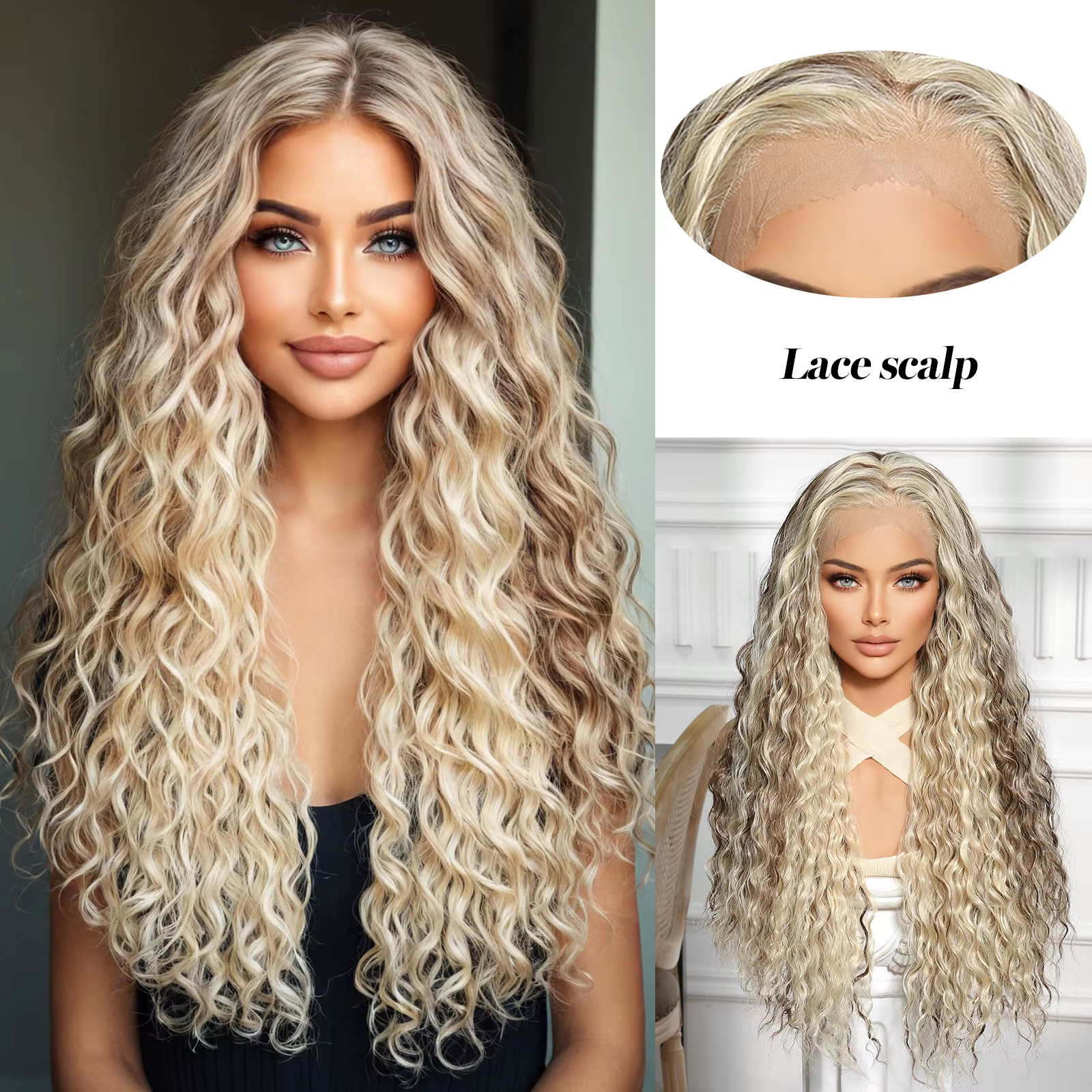 Perruque Lace Front Wig bouclée licorne Blonde pour femmes, cheveux ombrés foncé à blond, fête quoti