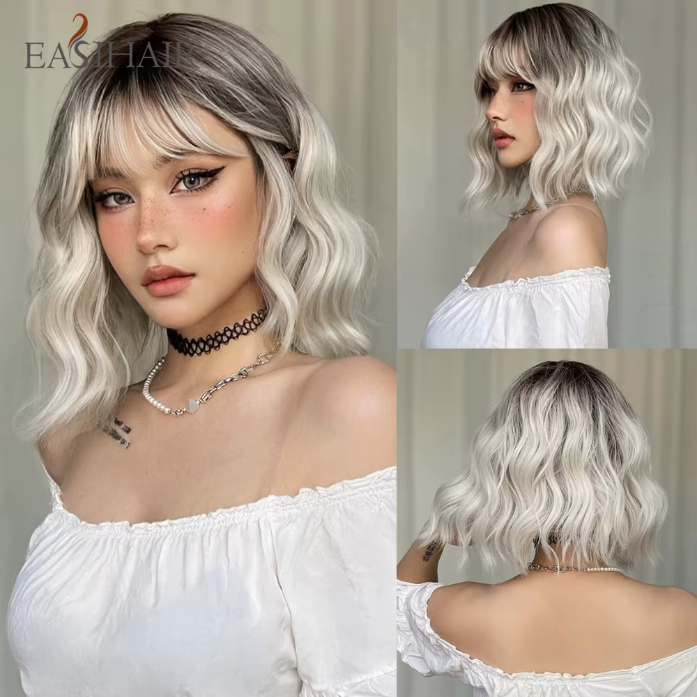 EASIHAIR – perruque synthétique Lolita courte et ondulée avec frange pour femmes, résistante à la ch