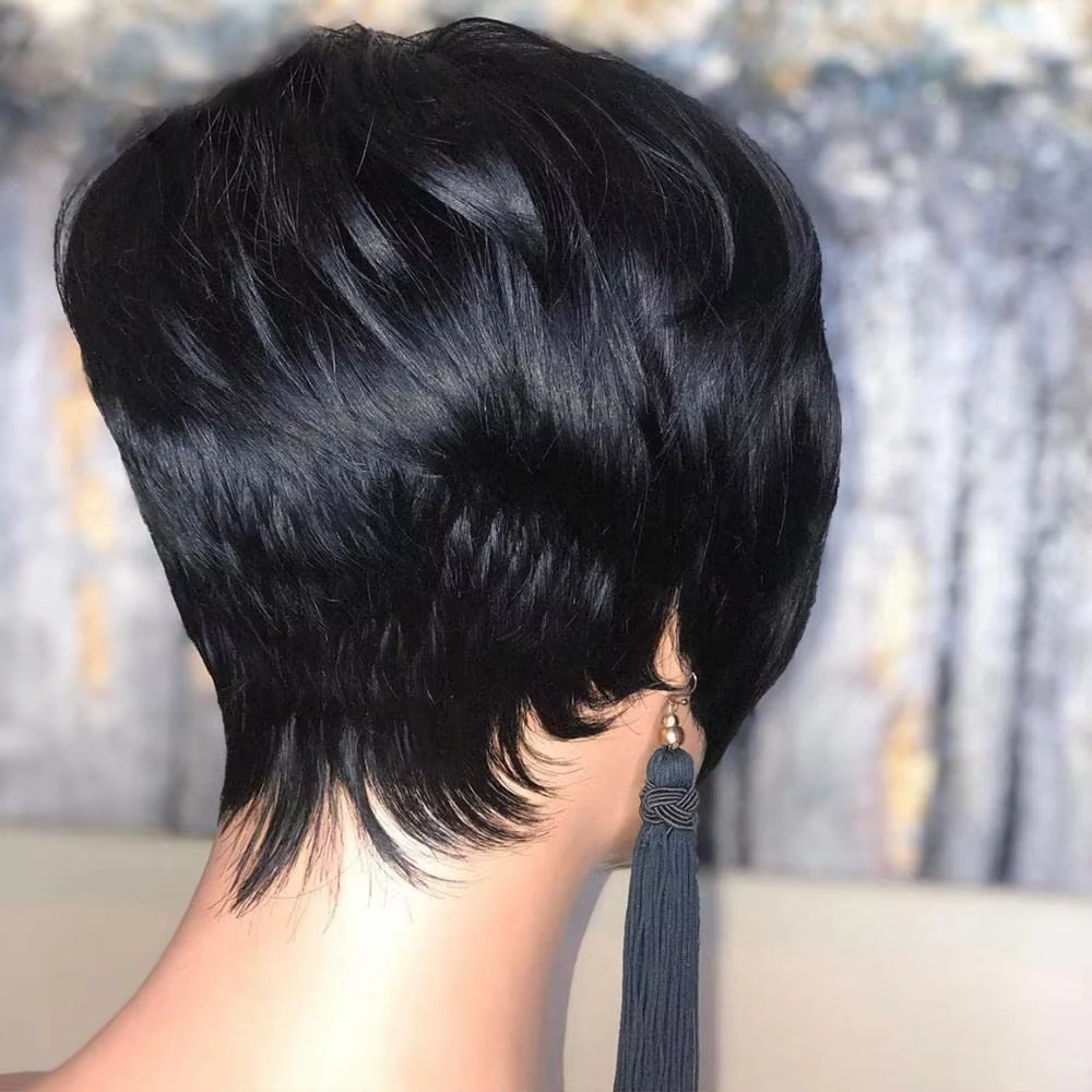 Perruque coupe lutin pour femmes noires - Perruque synthétique courte en couches avec couleur noire