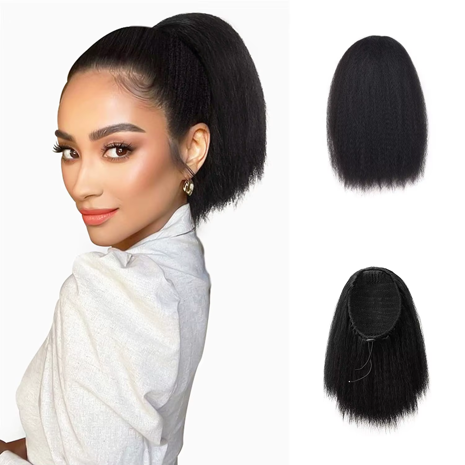 Extensions de cheveux queue de cheval Yaki pour femmes et filles, cordon de proximité, court, nature