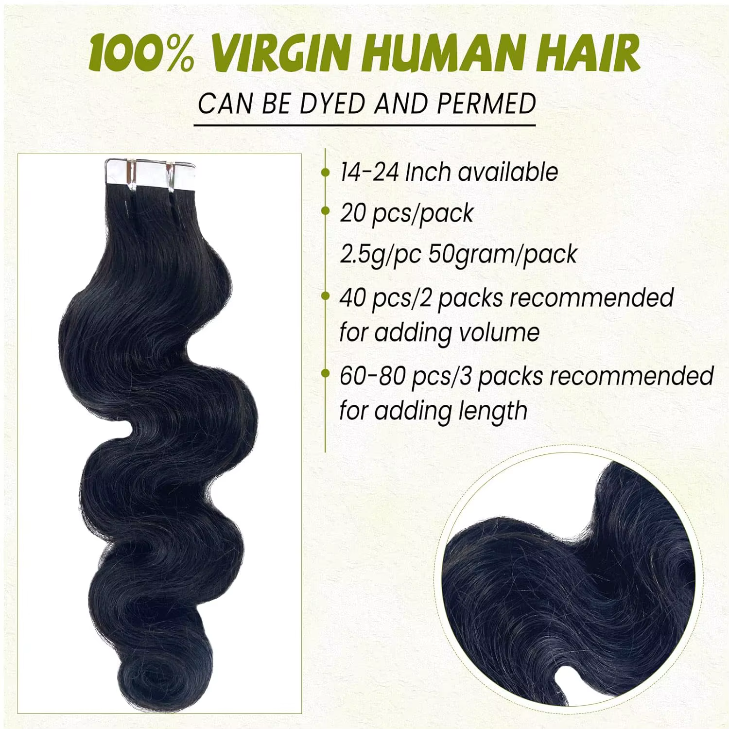 Extensions de cheveux humains Body Wave, vrais cheveux humains, bande dans les cheveux, 100% cheveux