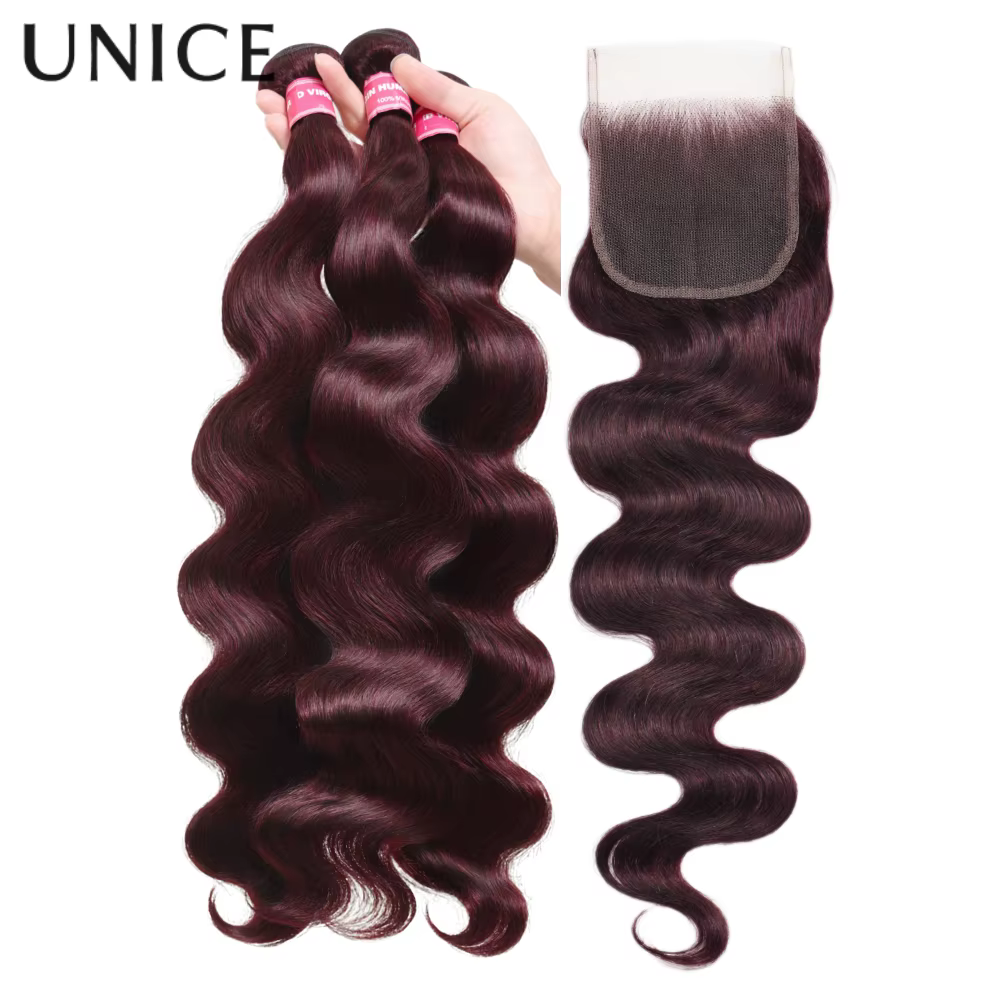 UNice noir cerise corps vague paquets 2/3/4 pièces avec 1 PC 4x4 pouces dentelle fermeture pré color