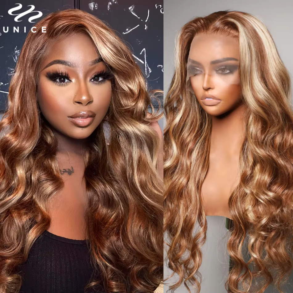 Perruque UNice Blonde Miel avec Mèches Ondulées, Perruque Frontale en Dentelle 13x4 Cheveux Humains