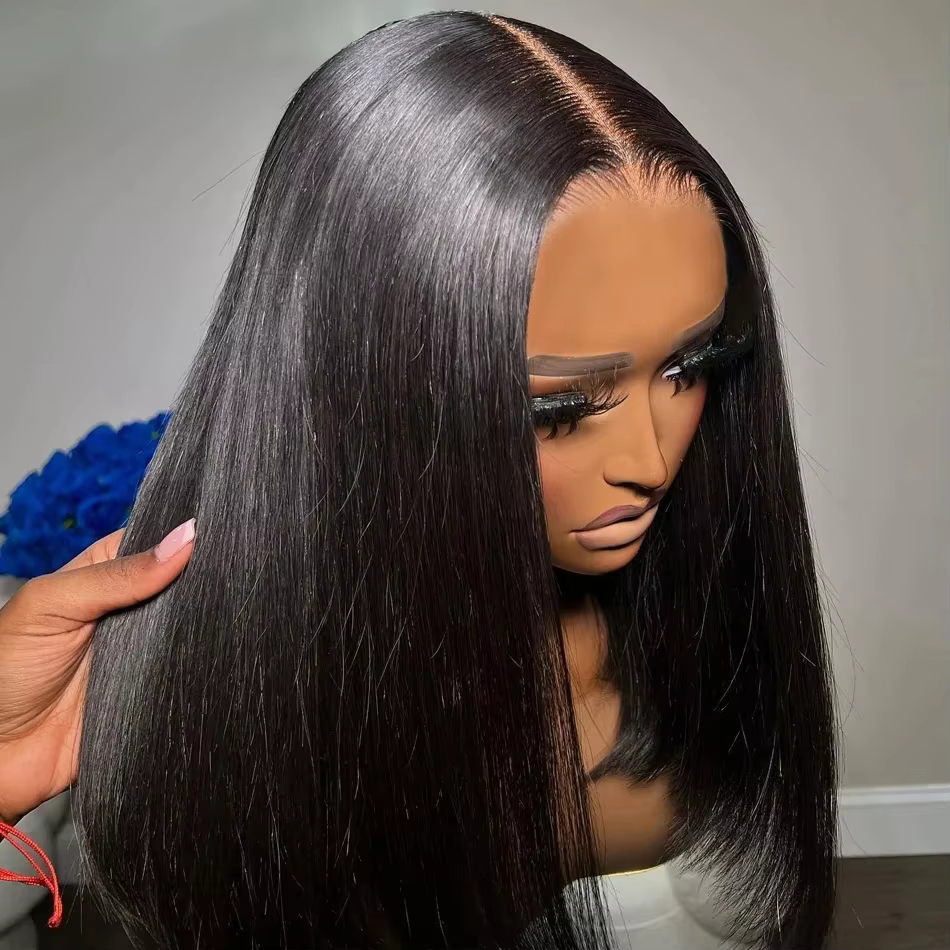 Perruque Courte Ondulée Droite Sans Colle en Cheveux Humains Naturels avec Cordon Élastique Amélioré