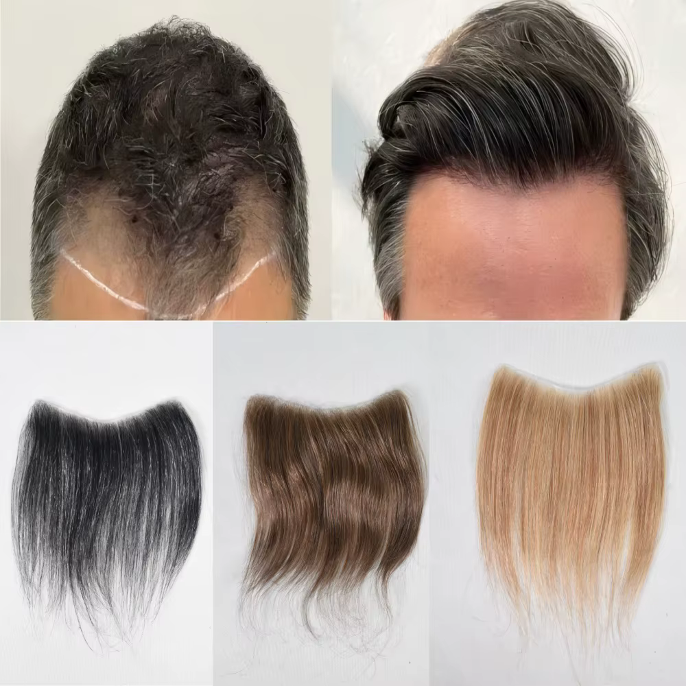 Perruque frontale pour hommes; Postiche frontale en PU pour hommes, cheveux humains haute densité, a