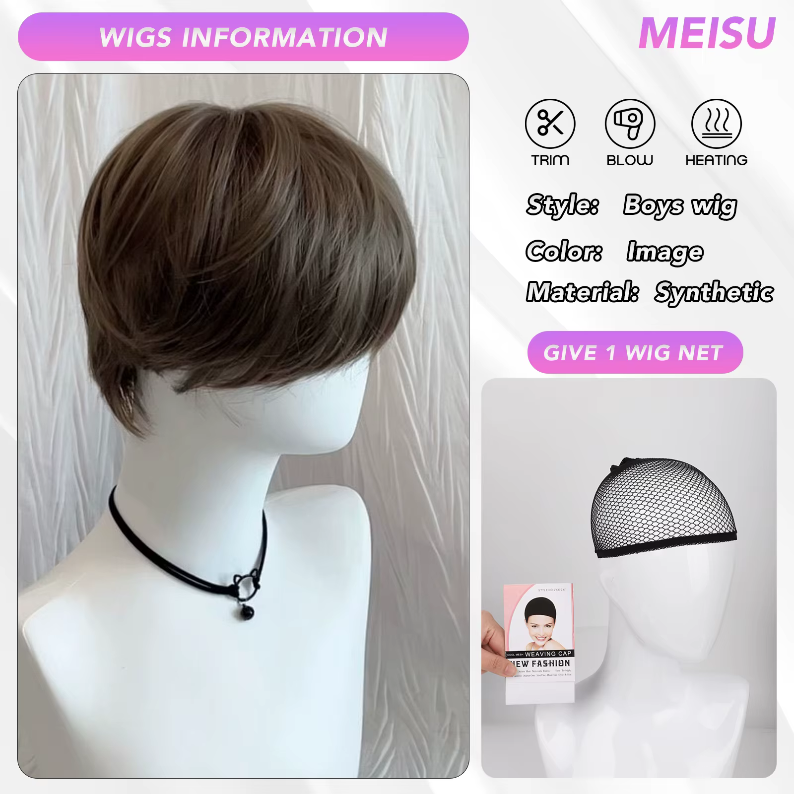 MEISU 10 pouces frange perruque pour garçons perruque fibre synthétique couches cheveux résistant à 