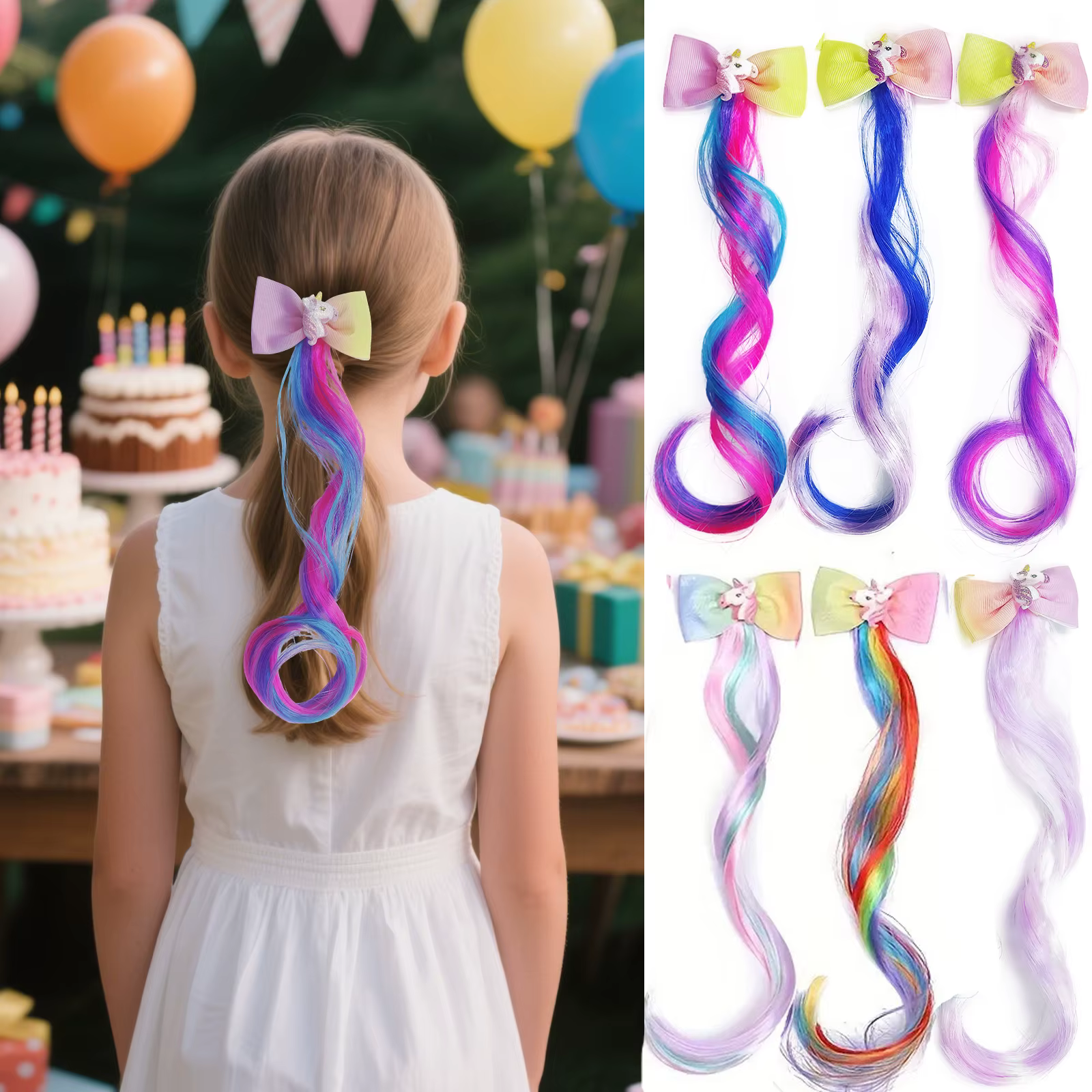 Extensions de cheveux queue de cheval pour enfants, 6 pièces, postiches de couleur arc-en-ciel avec 