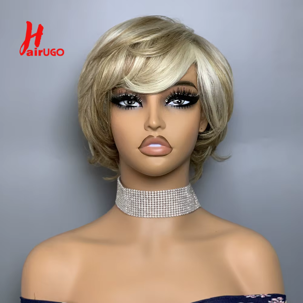 Hairugo-Perruques de cheveux humains droites avec frange, Highlight Blonde, Pixie Cut, Perruques san