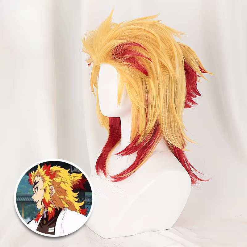 Demon Slayer Anime Cosplay Perruque, Rengoku Kyoujurou Perruque Synthétique Courte Bouclée, Jaune Ro