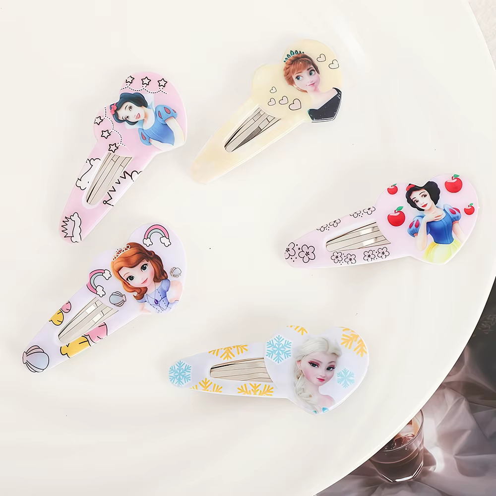 Lot de 5 pinces à cheveux latérales Elsa, Blanche-Neige et Anna, pinces à cheveux imprimées, bandeau