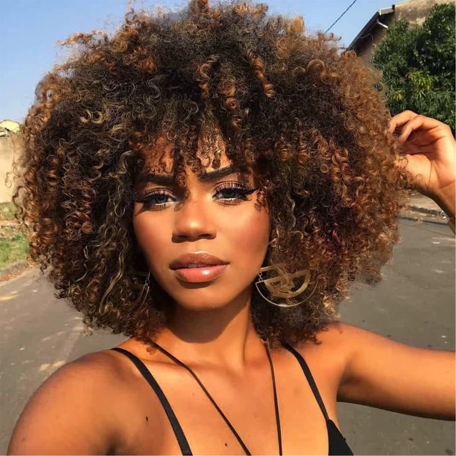 Tereshar synthétique courte bouclée avec frange pour les femmes noires 8 pouces Afro crépus bouclés