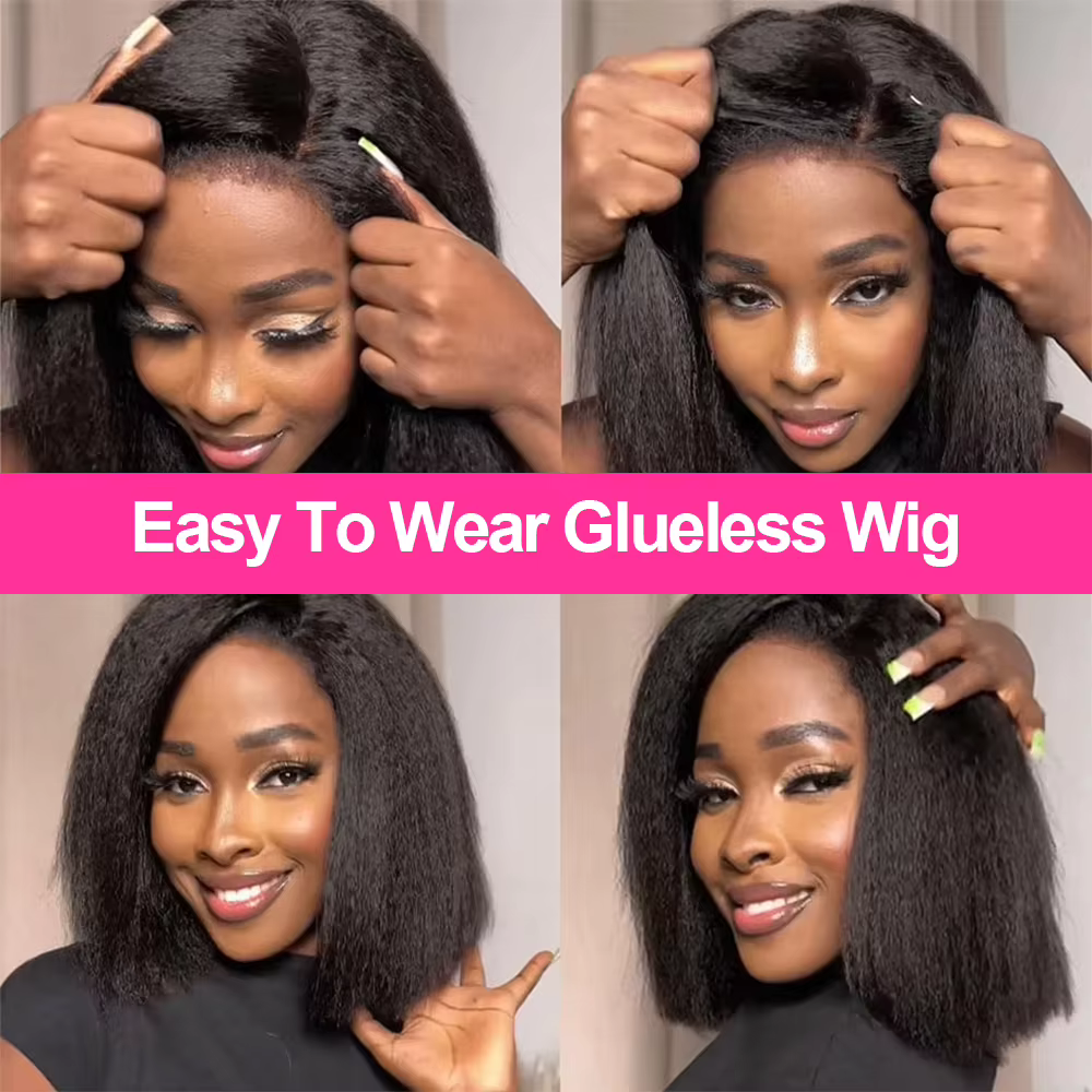 Perruque Bob Lace Front sans colle, cheveux humains brésiliens Remy, texture Kinky Straight, couleur