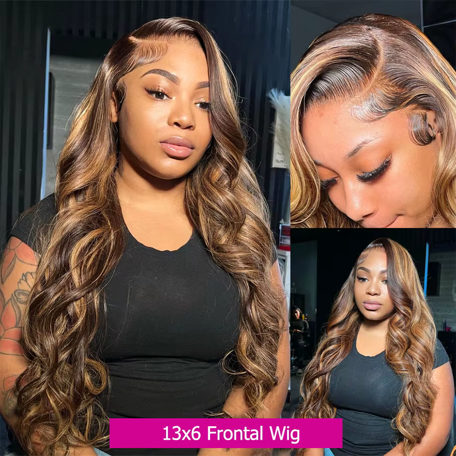 Perruque Lace Frontal Wig naturelle Body Wave à reflets, cheveux humains, 13x4, 13x6, HD, 30 pouces,