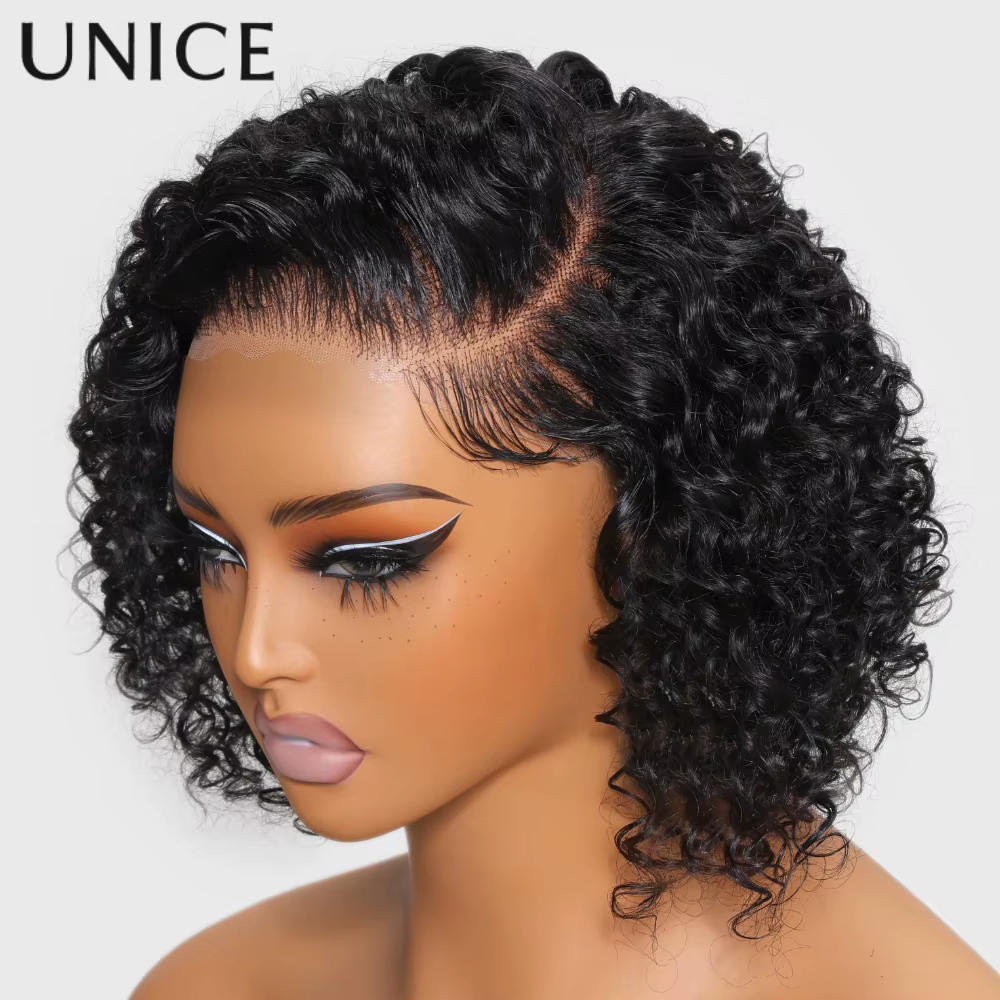 Perruque courte bouclée UNice en cheveux humains, coupe bob, 7x5, avec raie latérale, sans colle, pr
